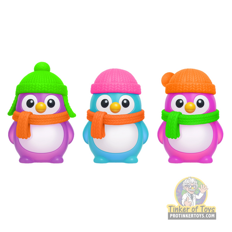 Three colorful, squishy plush penguins wearing winter hats and scarves for Schylling SQMPND26