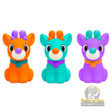 Three colorful, squishy toy figures: orange, teal, and purple for Schylling SQMSRND26