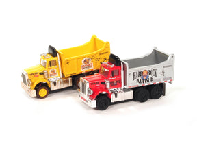Toy dump truck set: yellow and red Peterbilt style hauling gravel for Auto World SRS357SC