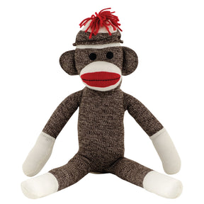 Stuffed sock monkey toy with red yarn hair and stitched mouth for Schylling SSM