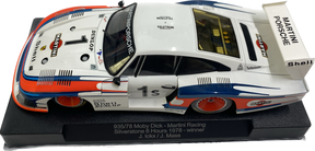 Model race car, white and blue, representing the 1978 Martini Porsche winner for Sideways SW20