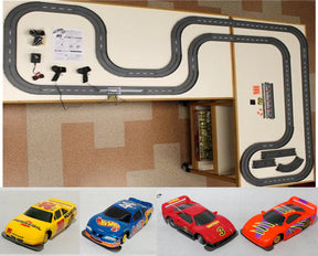 Slot car track layout with three race cars ready for action for Tyco TCRXLG001