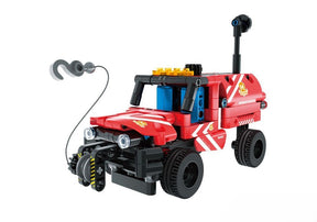 Red and black toy rescue truck with ladder and siren, built with interlocking bricks for Qihui QIH01802