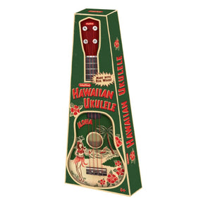 Green ukulele case with Hawaiian theme and ukulele displayed for Schylling