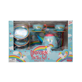 Colorful unicorn tea set for children, containing cups, saucers, and a teapot for Schylling UTTS