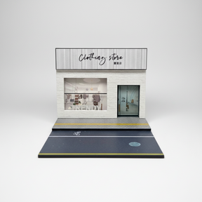 Miniature clothing store diorama with display windows and street base for Shou Cang Jia IMX2558