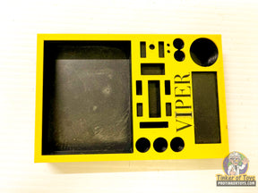 Yellow parts tray with cutouts for 3D printed components for Extreme 3D Customs Extreme 3D Customs
