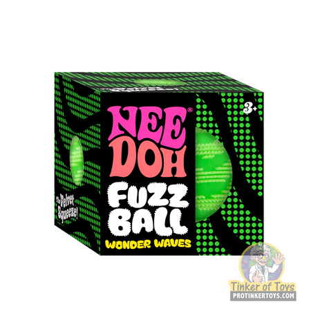 Boxed toy: Needoh Fuzz Ball Wonder Waves, green and black packaging for Schylling WWFZBND
