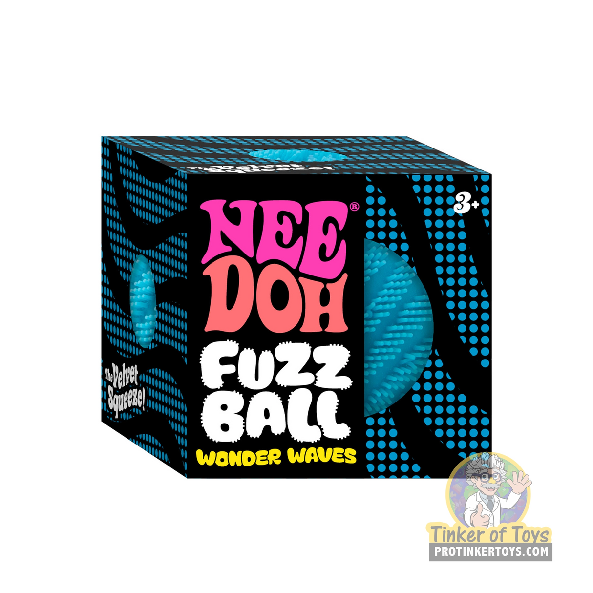 Boxed toy: Needoh Fuzz Ball Wonder Waves, a soft, blue, textured toy for Schylling WWFZBND