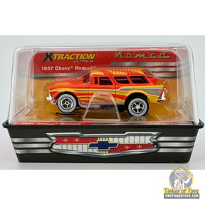 Orange 1957 Chevy Nomad toy car in clear plastic display case for Auto World CP8138