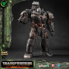 Dark, detailed model kit of Rhinox, a large robotic creature, standing ready for Yolopark YPAMKM7RH, front view