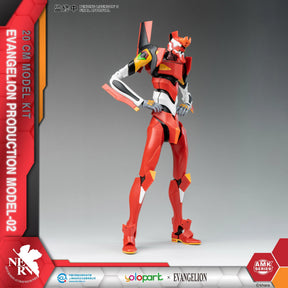 Red and black mecha model kit, EVA-02, standing in a dynamic pose for Yolopark YPAMKEVA02