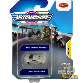 Two die-cast cars: an adventure motorcycle and a Bugatti Chiron for MicroMachines MMW0277