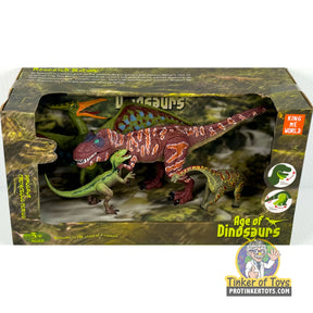Dinosaur figure set showing various prehistoric reptiles in a diorama setting for King Me World IMX17246