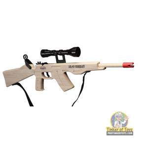 Wooden toy rifle with scope, sling, and blue ammo for Magnum Rubber Band Guns GL2AK47CSS