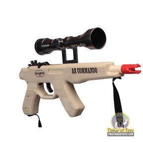 Toy replica rifle with scope and sling, featuring "AK COMMANDO" marking for Magnum Rubber Band Guns GL2AKCSS