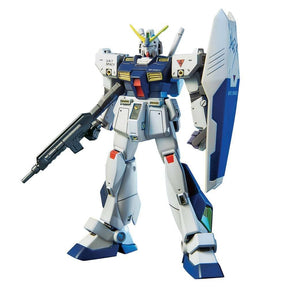 Gundam model kit, white and blue, holding a rifle and shield for Bandai 1125650
