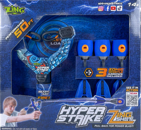 Toy blaster with blue and black accents, featuring three blue whistle arrows for ZingShot HS201A