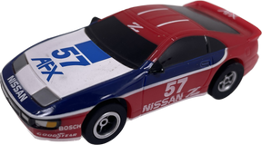 Red and blue slot car, number 57, Nissan Z for REH AFX