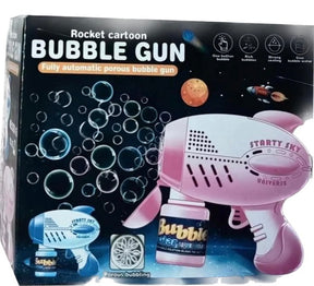 Pink and blue cartoon bubble gun set with bubbles and solution bottle for BVP 89060