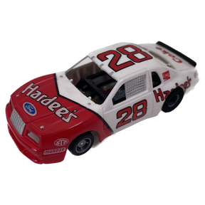 Red and white Ford Thunderbird toy car with "Hardee's" and "28" markings for Tyco B6922
