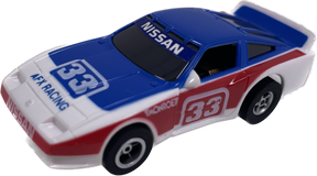 Blue, red, and white Nissan 300ZX toy car with "33" racing numbers for Tomy-Afx B8754
