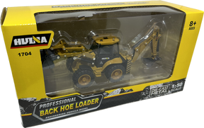 Yellow box with diecast model of a backhoe loader construction vehicle for Imex Model Co IMX14514