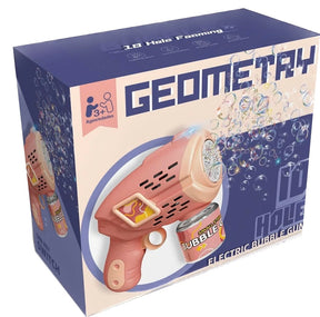 Pink electric bubble gun toy with bubbles, packaged in a box for BVP 89059