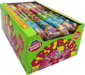 Box of sour bubble gum candies with colorful wrappers for Mountain Sweets 09400