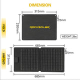 Folded and unfolded dimensions of a portable solar panel for RockSolar RSSP30
