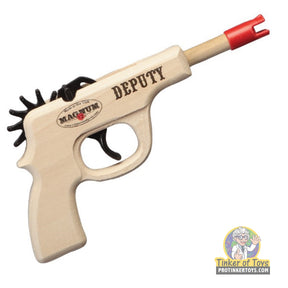 Wooden toy pistol labeled "DEPUTY" with red projectile for Magnum Rubber Band Guns GL2DPTY