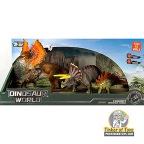 Four dinosaur figures displayed in a prehistoric diorama setting for King Me World IMX17213