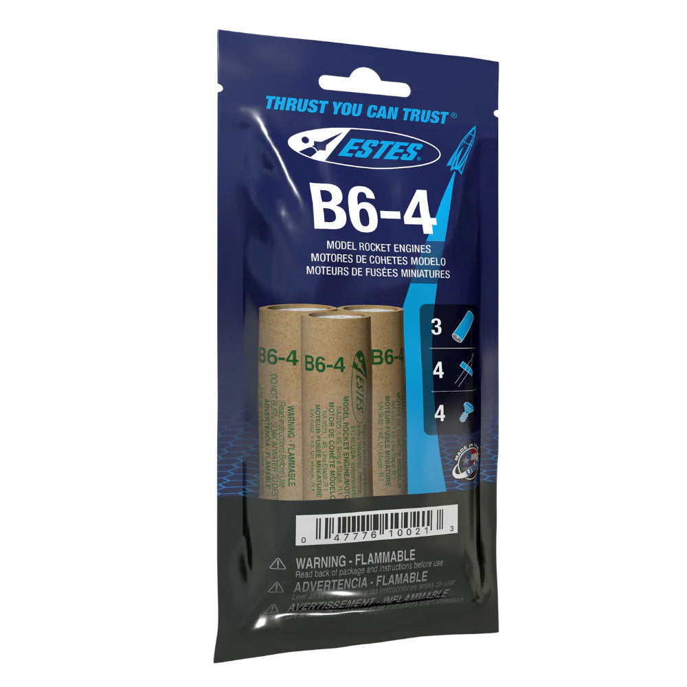 Three B6-4 model rocket engines in a blue and white package for Estes EST110021
