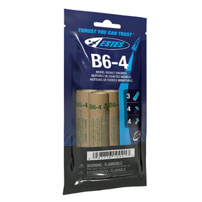 Three B6-4 model rocket engines in a blue and white package for Estes EST110021