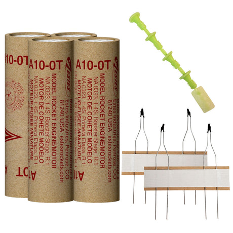 Four cardboard tubes and a green rocket engine igniter set for Estes EST10044