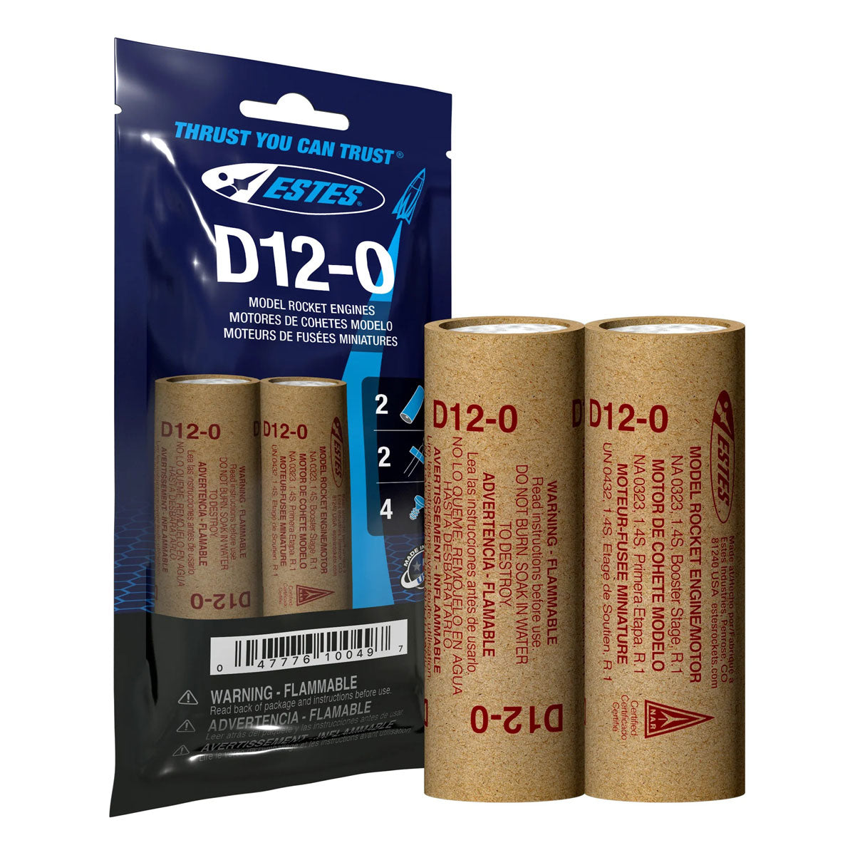 Rocket engine set: D12-0 model with packaging and three booster tubes for Estes EST10049