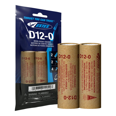 Rocket engine set: D12-0 model with packaging and three booster tubes for Estes EST10049