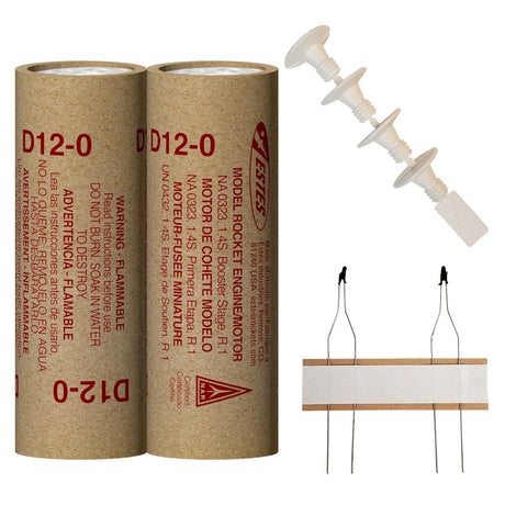 Two cardboard engine tubes and a white model rocket engine assembly with launch rods for Estes EST10049