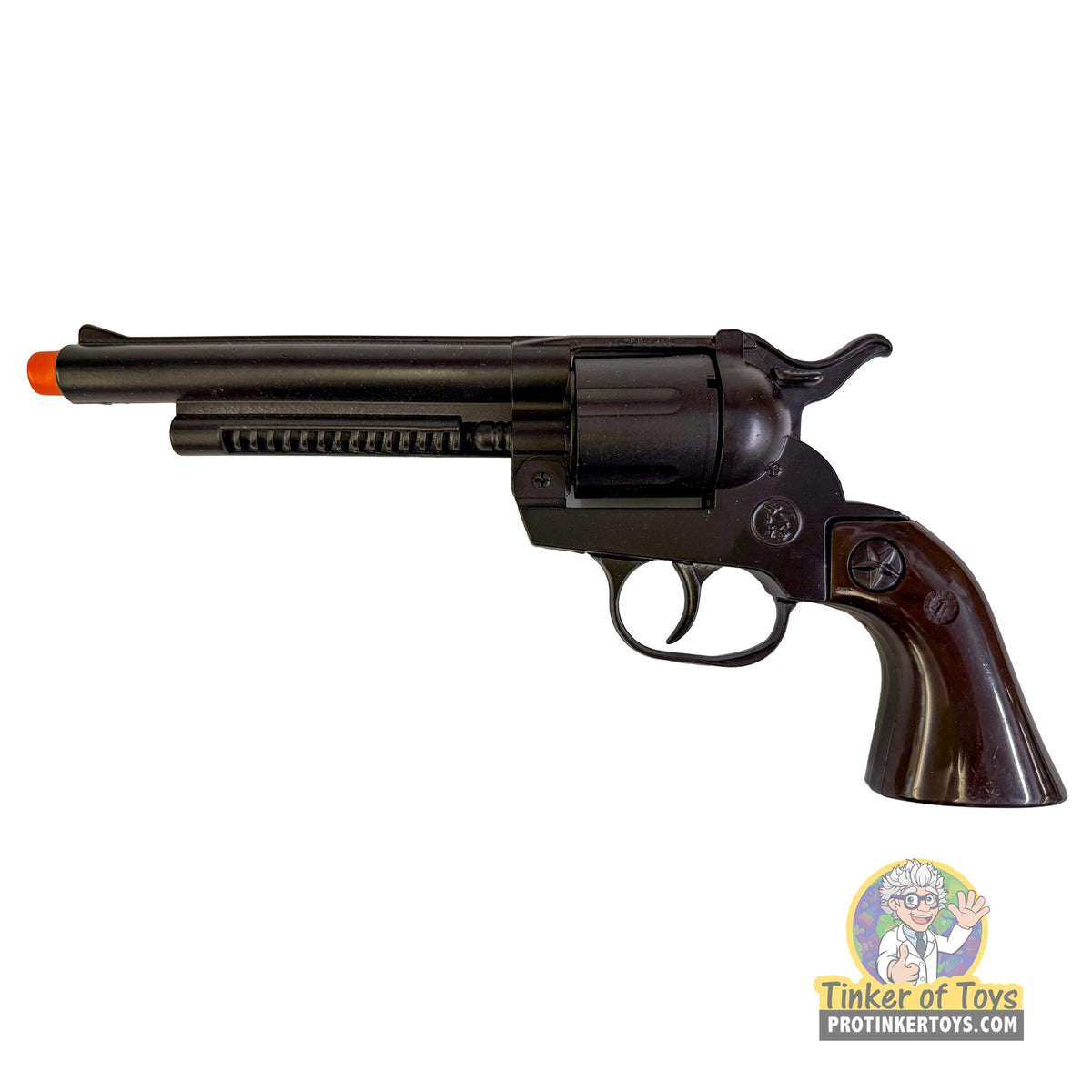 Black revolver with brown grip for Gonher 31216BR; included holster not shown