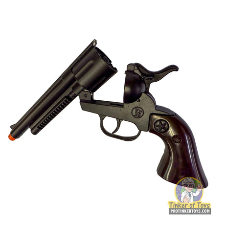 Black revolver with brown grip for Gonher 31216BR; included holster not shown