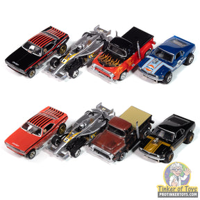 Assortment of slot car race cars: red, black, silver, and blue models for Auto World SC413