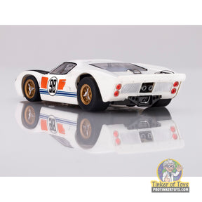 White GT40 race car model with black and blue racing stripes for AFX/Racemasters 22059