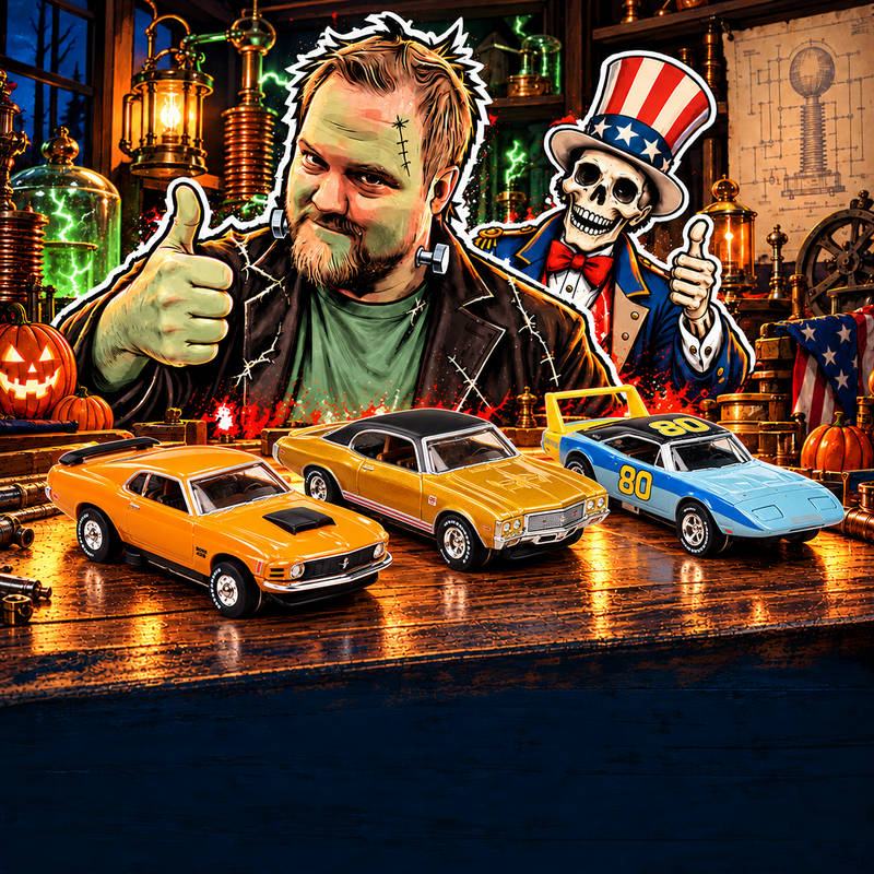 Guts & Glory 17.76 Auto World workshop artwork with three small Auto World HO cars: orange Mustang Boss 429, gold Buick GS, and blue yellow Dodge Daytona