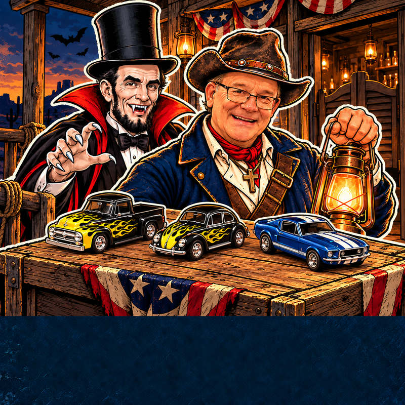 Guts & Glory 20 percent off saloon artwork with three small Auto World HO cars: black yellow-flame Ford F-100, black yellow-flame Beetle, and blue Shelby GT-500