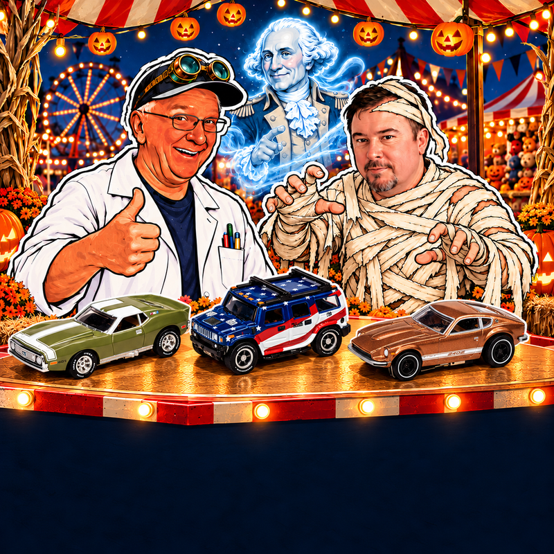 Guts & Glory Shop All carnival artwork with three small Auto World HO cars: green Javelin, red white blue Hummer H2, and brown Datsun 240Z