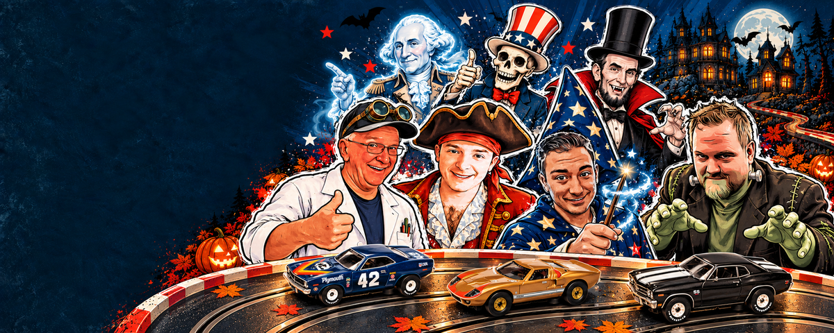 Guts & Glory desktop hero with four costumed PTT hosts, three spooky historical guests, and three small Auto World HO cars