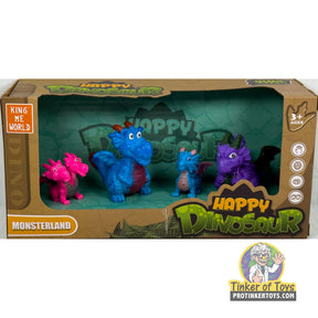 Four colorful dinosaur figures in a display box set for King Me World IMX17251