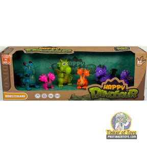 Six colorful dinosaur figures in a display box for play for King Me World IMX17252