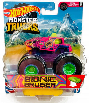Hot Wheels Bionic Bruiser monster truck toy with a small green car accessory for Mattel FYJ44