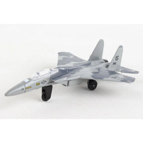 Model airplane of an F-15 Strike Eagle fighter jet in gray camouflage for HotWings 14115